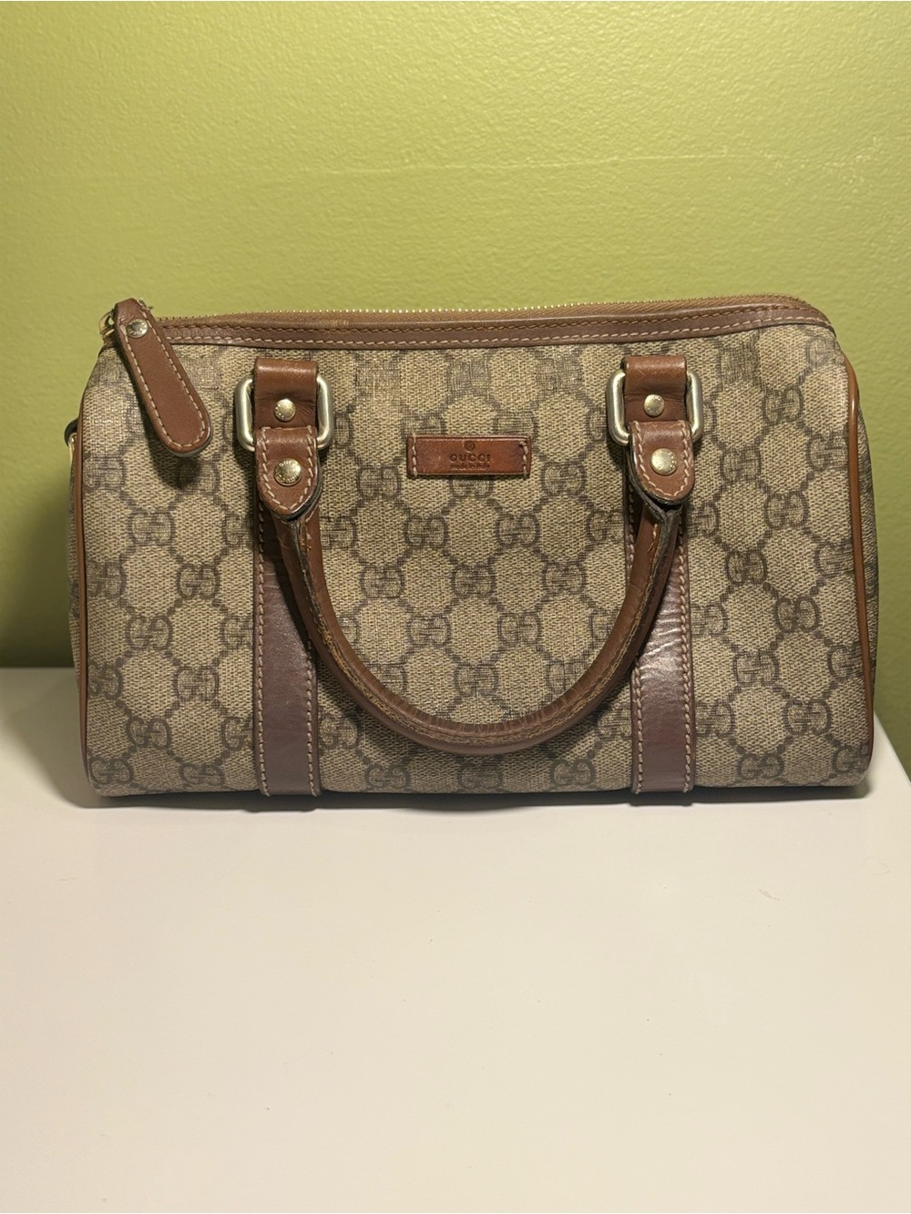 Gucci Beige GG Supreme Mini Canvas Satchel with Brown Leather Trim